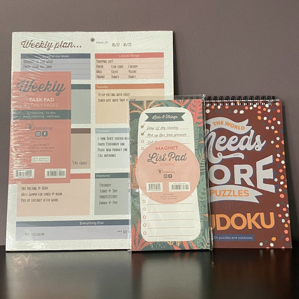 Weekly Task Pad, Magnetic List Pad, and Sudoku Puzzles Trio Pack